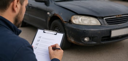 Fahrzeugbewertung mit Checkliste vor einem Auto ohne TÜV