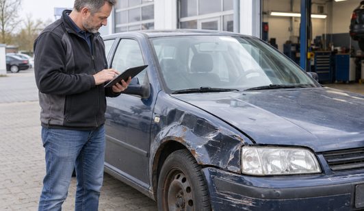 Mitarbeiter begutachtet Schäden an einem Schrottauto