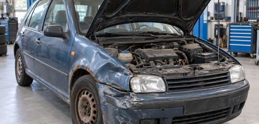 Beschädigtes Auto mit geöffneter Motorhaube in der Werkstatt